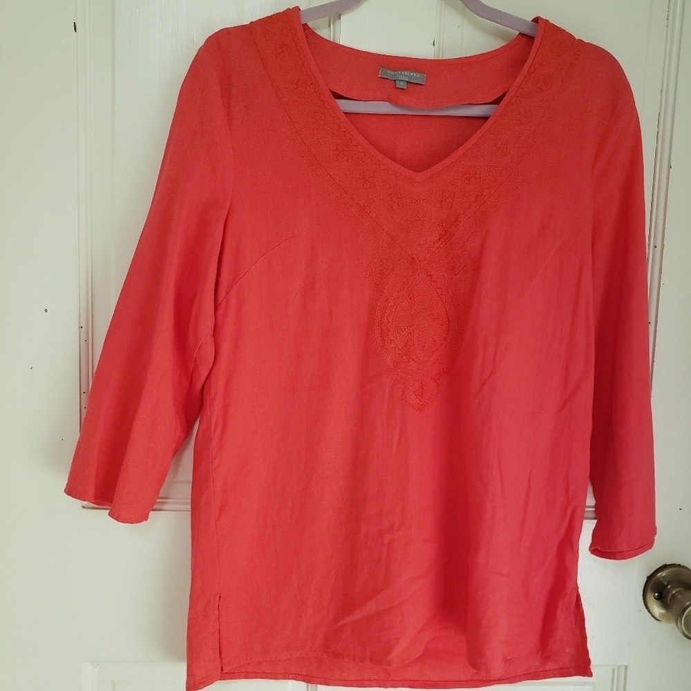 Saint Tropez West Embroidered Linen Red V- Neck Quarter Sleeve Tunic Size S